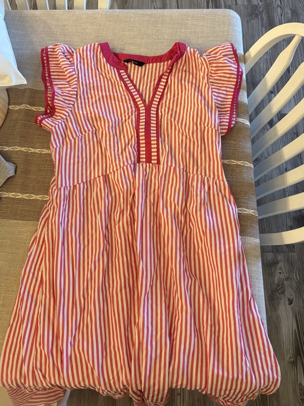 Dokotoo Casual A-Line Ruffle Sleeve V Neck Striped Dress Mini Dress Pink & White